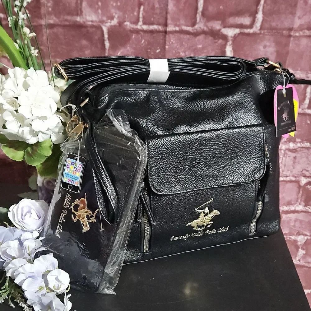 Beverly Hills  Polo Club Black & Gold Vegan Leather Bag w/ Matching Wallet